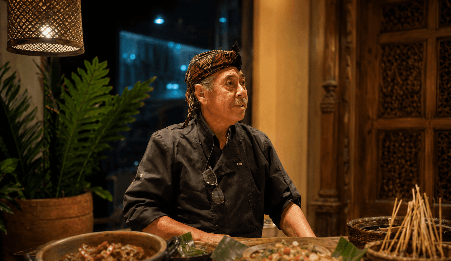 Chef Rudy aan tafel met een Indische rijsttafel, in het warme licht van zijn werkplek